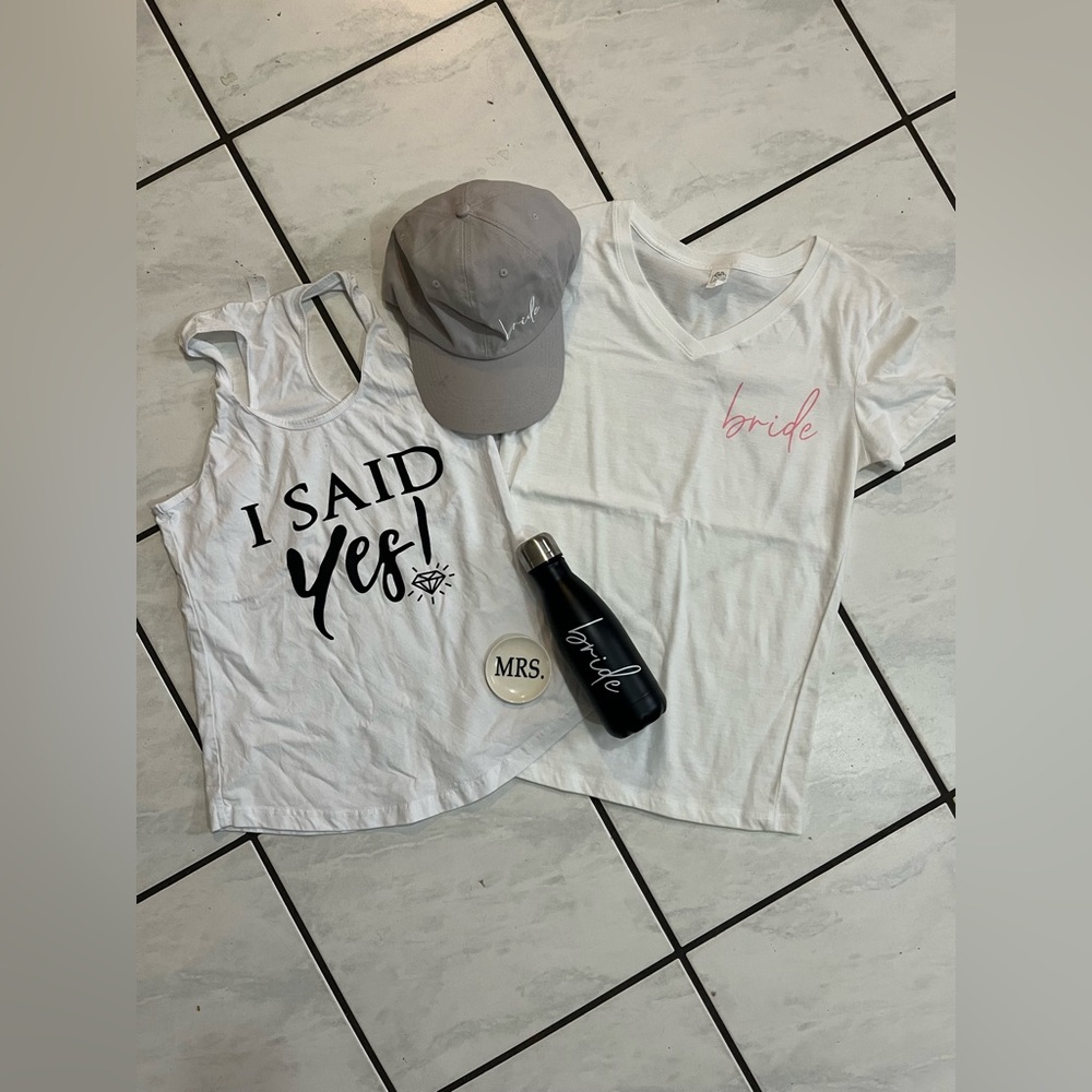 Ring box MRS ring tray, BRIDE s/s shirt, I SAID YES tank, and BRIDE water bottle